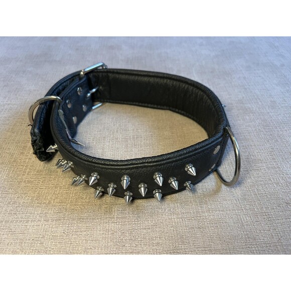 Angel Genuine Leather Spiked Studded Dog Collar Wide Padded Black Heavy Duty - Picture 1 of 10